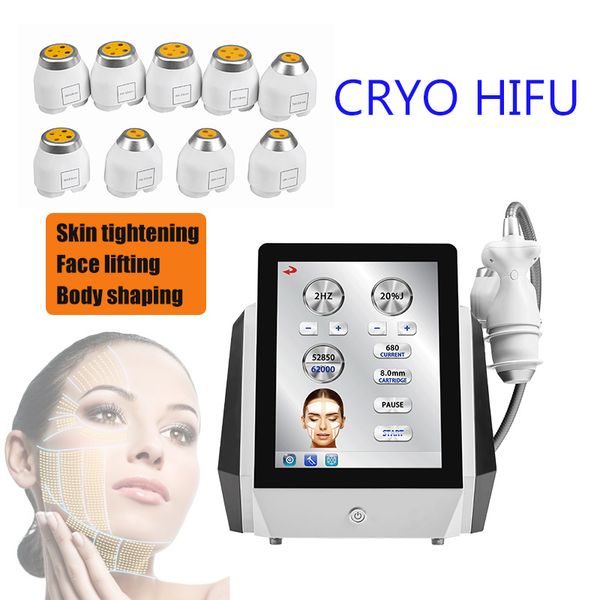 Novo Crio Skin Skin Hifu Slimming Facial Levation Boa revisão 9 Cartuchos de perda de gordura de ultrassom 62000 Tiro por cartucho 2 anos Garantia