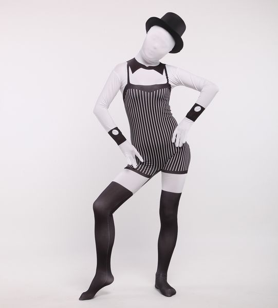 Costume da catsuit Abito da cameriera a strisce verticali in bianco e nero cosplay completo Body Zentai completo costumi di scena tuta da festa per club senza cappello