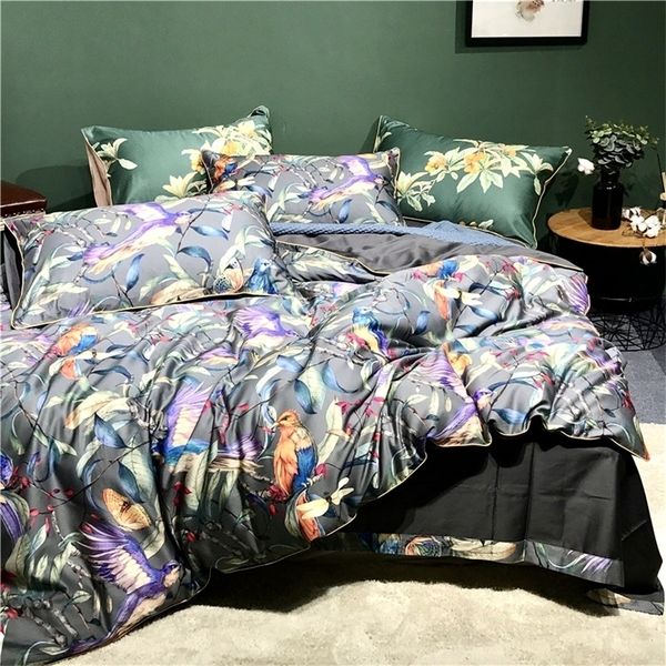 Conjuntos de cama 600TC Egyptian Cotton Flower Bird Printing Digital Conjuntos de roupas de cama 4pcs Cama de linho de linho conjunto de len￧￳is de luxo Folhas de cama Froachcases S 220924