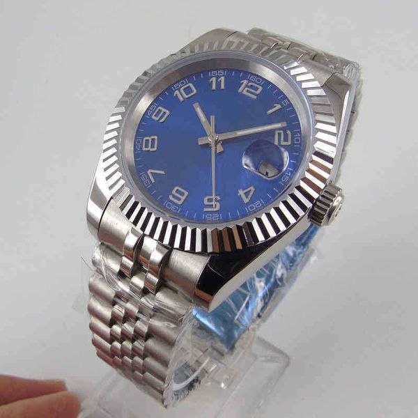 39 mm blaues Zifferblatt Herren Stahlgehäuse Uhr 21 Juwelen Miyota 8215 Automatik-Armbanduhr geriffelte Lünette gebürstetes Jubiläumsarmband