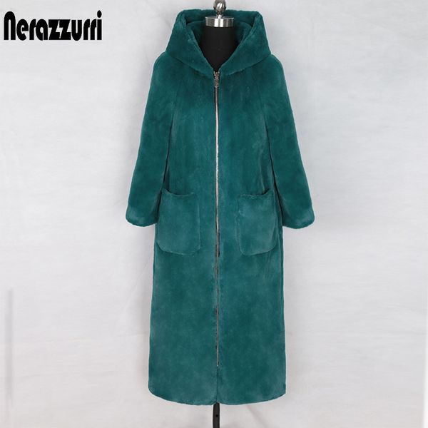 Kadın kürk sahte nerzazzurri kış uzunluğunda sahte kürk manto kaput kollu fermuar siyah ry sahte tavşan dış giyim artı boyutu Kore moda 220927