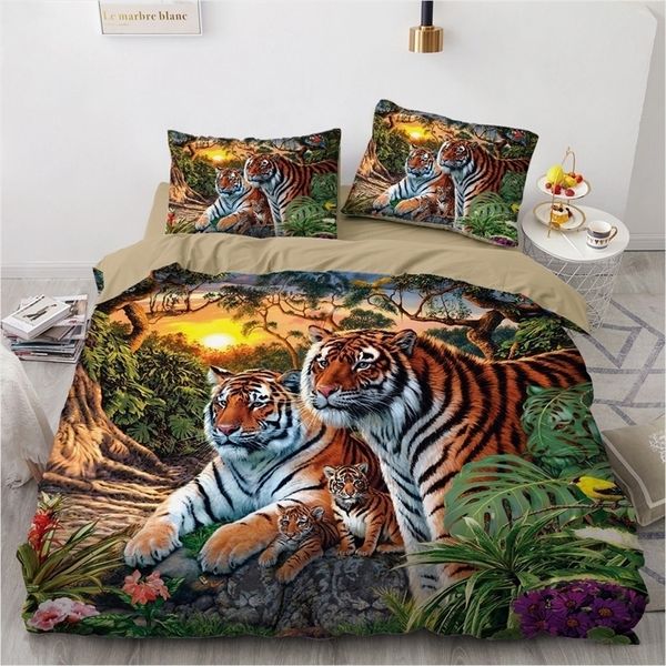 Conjuntos de cama Conjunto de roupas de cama 3D Conjunto de tampa de quadra de edredom preto Pouco de capa de edredom King Queen Size Animal Tiger Tiger Polyster Quilt Capa 220924