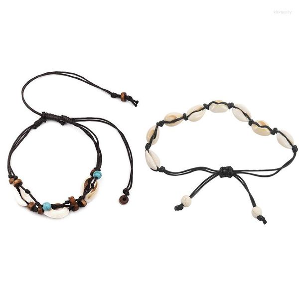 Fußkettchen 2 Stück für Frauen Muschel Fußschmuck Sommer Strand Barfuß Armband Bohemian-Schwarz Braun