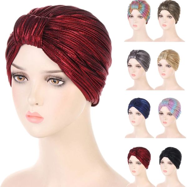 Mulheres tops Knot Turbano Bonnet Head Wrap Hat Hat Bandana Cap Glitter Hijab Ruffle Head Wrap Hat Hat Muslim Chemo Cap