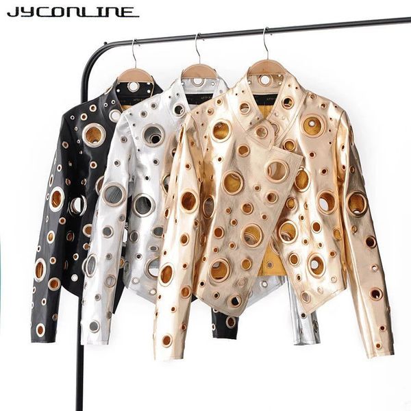 Jyconline 2017 moda pu jaqueta feminina outono metal motor punk bomber prata dourado oco feminino streetwear s18101302