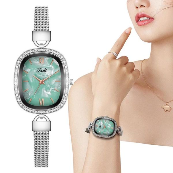 Orologi da polso Orologi di lusso alla moda da donna Qualità Verde Orologio da donna al quarzo da donna Semplice rettangolo Orologio da cintura in maglia di acciaio inossidabile