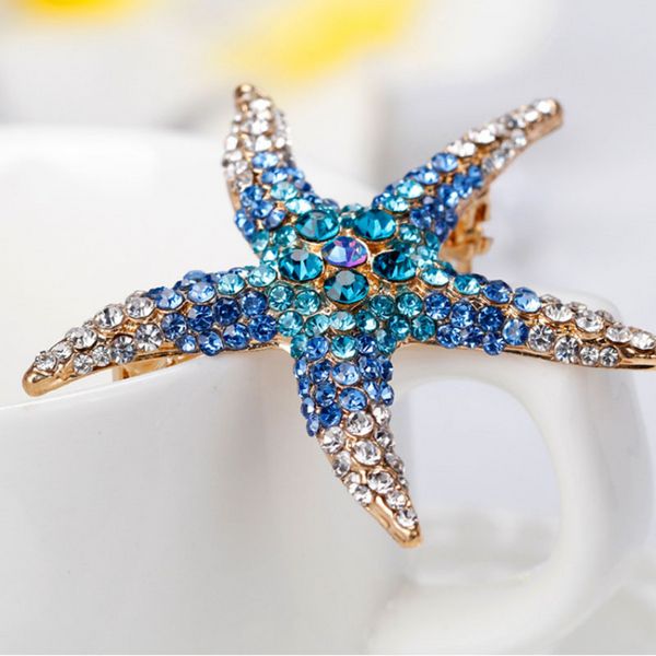 Rot Blau Meer Kristall Seestern Brosche Pin Business Anzug Tops Corsage Strass Broschen für Frauen Männer Mode Schmuck Kleidung