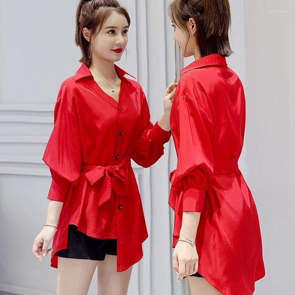 Blusas femininas vermelhas chiffon mulheres camisas de verão 2022 bandagem assimétrica slim sólido longa escritório lady lady outwear tops