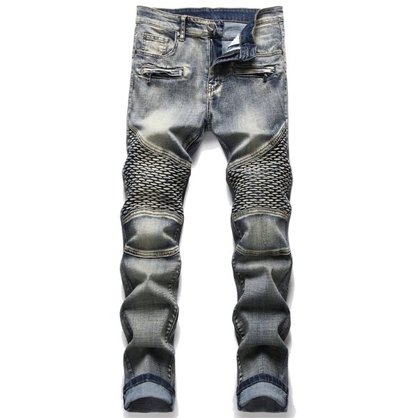 Calça de jeans de jeans calças de moto de moto de moto rasgado de moto de jeans de moto plissado Motorciclo Slim Jean 220928