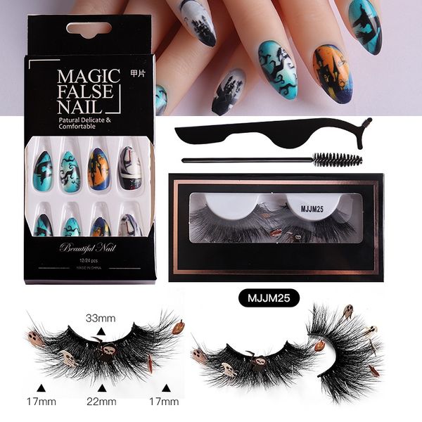 Eyelashes falsos grossos de Halloween multilayer e unhas falsas cachearsncros