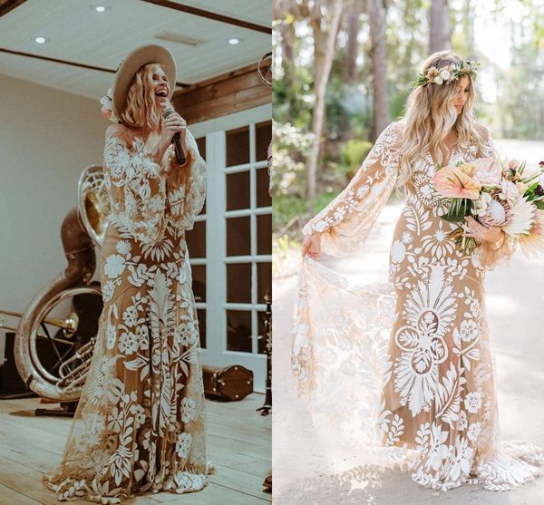 Boho Outdoor Destination sereia Vestidos de Noiva Slip Renda Robe Mangas Compridas Ilusão Backless Elopement Bohemain Vestidos de Noiva Rue de Seine