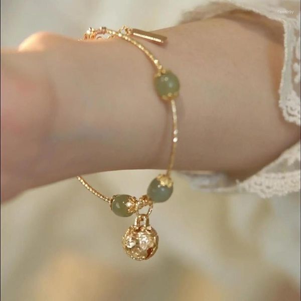 Bracciale rigido da donna in giada naturale di Hetian con perline di benedizione, braccialetto in oro, dolce e adorabile regalo di lusso per gioielli a vento