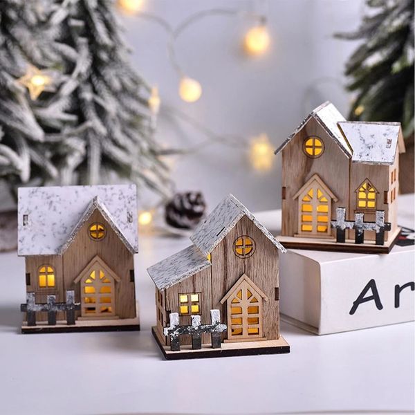 Natal Nova Cabin Luminous LED Wooden Christmas Casa pequena Casa de Natal Ornamentos de mesa Merry Christma Decor for Home Happy 2023