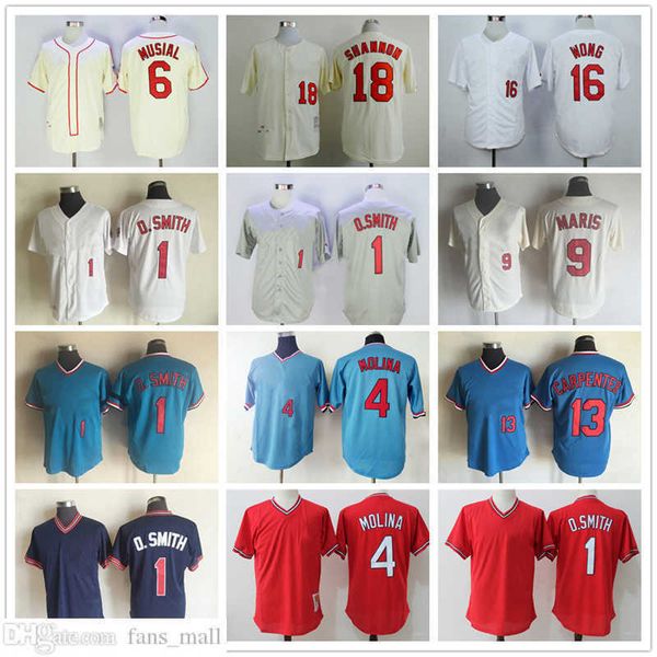 Homem Mulheres Juventude Mitchell e Ness Baseball Jersey Vintage 1 Ozzie Smith 4 Yadier Molina 6 Stan Musial 9 Roger Maris Carpenter Wong Shannon