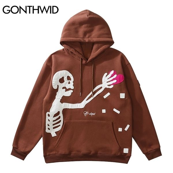 Erkek Hoodies Sweatshirts Gonthwid Hip Hop Street Giyim Hoodie Sweatshirt İskelet Yaması Polar Kapşonlu Erkek Harajuku Kış Pamuk Külot Kahverengi 220928