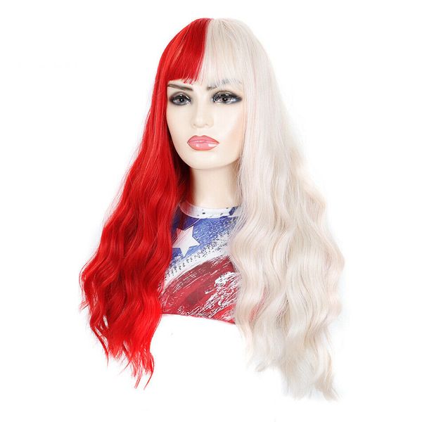 Наполовину красные блондинки синтетические парики с челкой длинные волнистые парики для косплеев мягкие парики