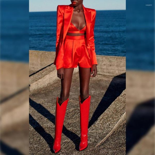 Женские спортивные костюмы 2022 Женская одежда Sexy Red Blazer Buats Bras and Shorts Lady Две штуки