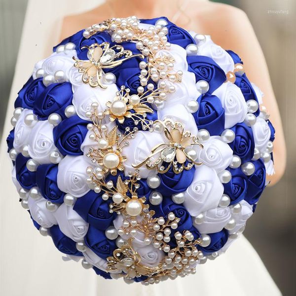 Fiori decorativi 1 PZ/LOTTO Royal And Blue Ilver Mazzi Artificiali Diamante Cristallo Matrimonio Bouquet Da Sposa Rosa Sposa