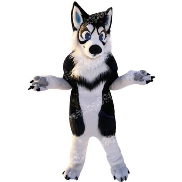 Simulazione del costume della mascotte del cane Husky nero di Halloween Simulazione del personaggio a tema anime dei cartoni animati Vestito per adulti per pubblicità esterna di Natale