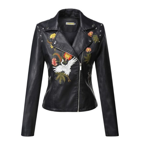 Casado de couro feminino Mulheres S Jackets Autumn Flowers Bordery PU Casaco de couro Mulheres Turn Down Collar Rivet Zipper Black Biker Coats Tops Roupas ROPA DE MU