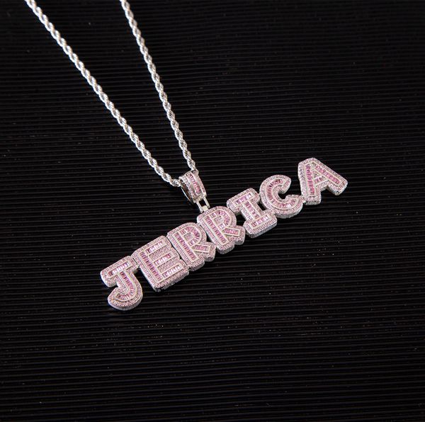 Hip Hop Iced Out Letra personalizada Nome do pendente Micro Conjunto rosa Diamante de zirc￣o de cristal N￺mero de letra de letra de colares combinados