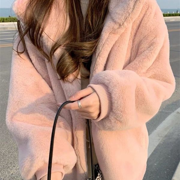 Giacca invernale da donna in finta pelliccia Cappotto corto spesso caldo in coniglio artificiale Cappotto rosa allentato con cerniera casual per donna 220927
