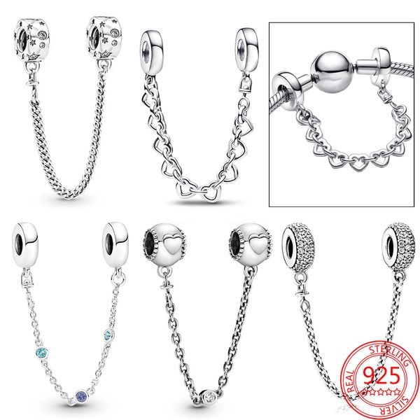 O novo popular S925 Sterling Silver Clássico Prata Cor Zircônia Triple Bluestone Corrente de Segurança Home Heart Charm Fits Pandora Bracelet DIY Jewelry Accessories