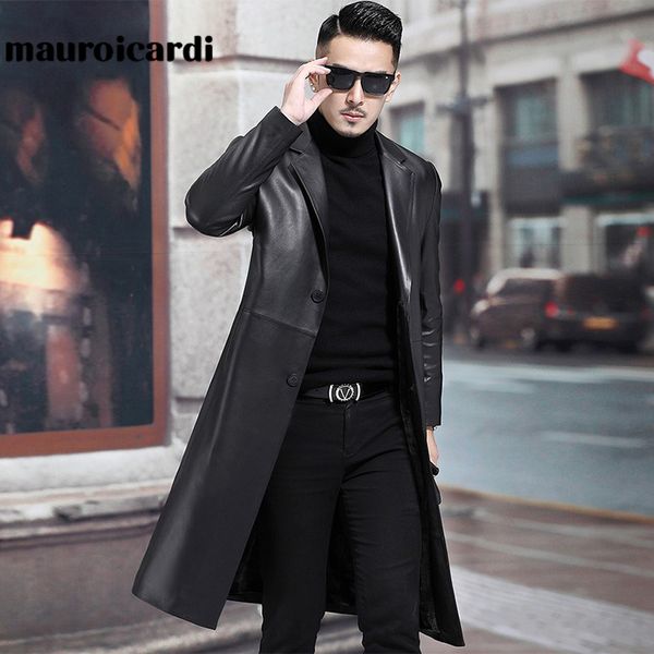 Мужская кожаная искусственная кожа Mauroicardi Spring Aduld Long Black Mens Leather Blazer Jacket с длинным рукавом плюс размер.