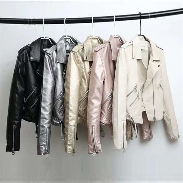 Damen Leder Kunstleder Damen Jacken Silber Lederjacke Damen Metallic Motorrad Kurzes Revers Reißverschluss Bikermantel Weiche Damen Punk Streetwear 220928