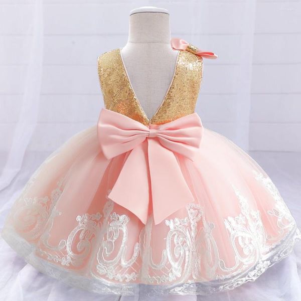 Девушка платья розовая детская одежда для девочек Большой лук милый малыш дети 1 -й день рождения крещение Вестидос маленькое свадебное платье принцесса