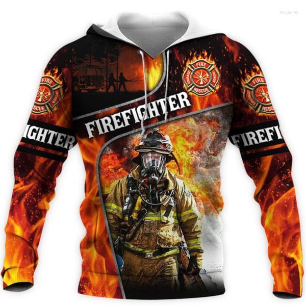 Moletons masculinos moletons masculinos Men Momen Brigada de incêndio uniforme 3D Graphics Impresso Mangas compridas Pullover Sweatshirt Casual Casual