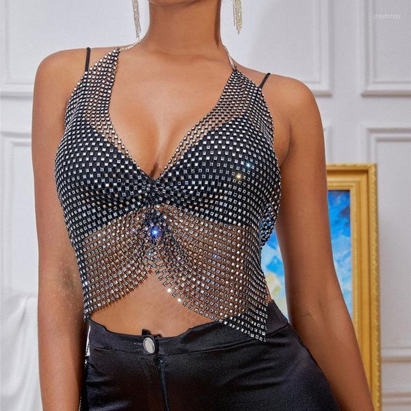 Tanques femininos Sexy Mulheres Top Clubwear Flash Rhinestones Camis Summer 2022 Mesh Bra Bralette Beach Club Use Crystal Backless Tops