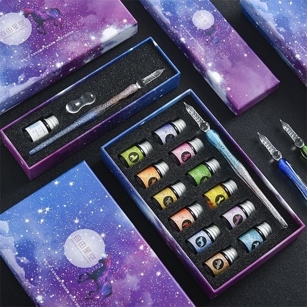 Фонтайн ручки 13/7 ПК/Set Crystal Glass Starry Sky Unicorn Callicraphy Dip Pen Glitter Puper Color