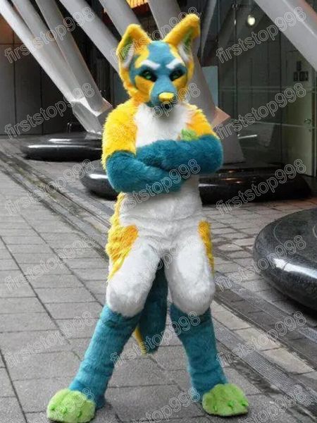 Halloween amarelo de pele longa husky cão mascote de fantasia simulação de desenho anime de anime personagem adultos tamanho adultos natal publicity time traje de roupa