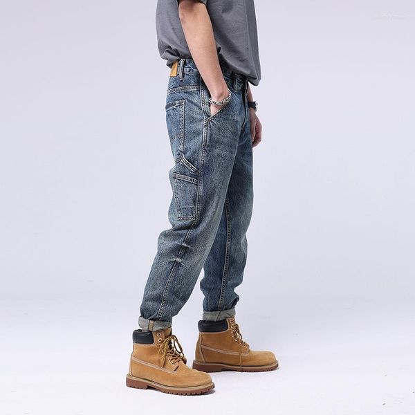 Jeans masculinos masculinos de rua masculino Multi bolsos casuais calças de jeans casuais hip hop harem jeanshomme largura perna larga folgada
