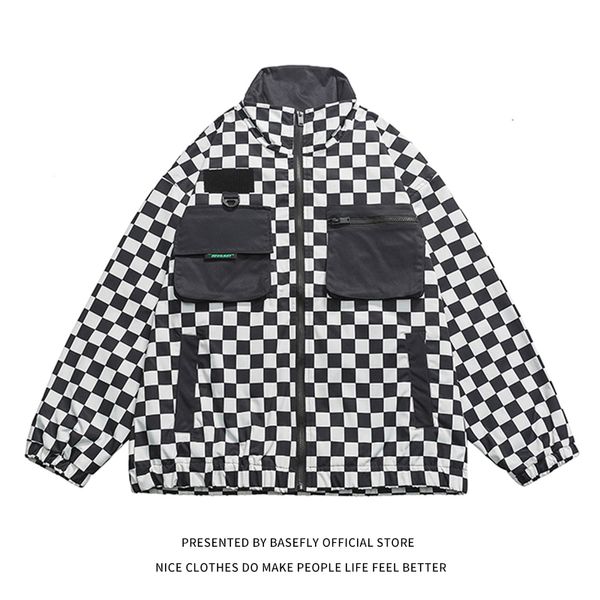 Herrenjacken Ankunft Schach Plaid Patchwork Taschen Männer Übergroße Windjacke Unisex Frauen Retro Vintage Mantel Chic Strettwear 220927