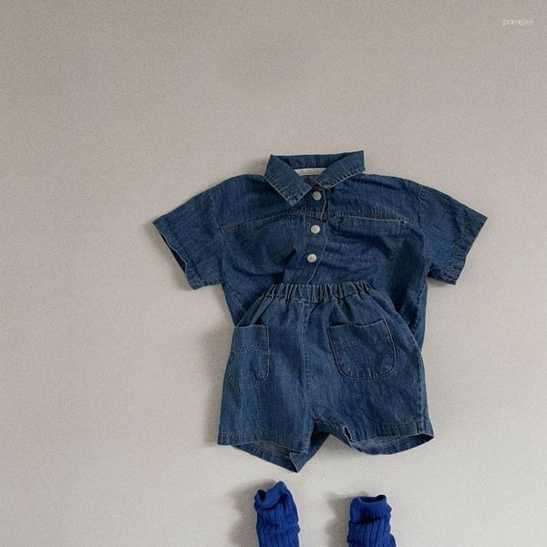 Completi di abbigliamento Top e pantaloni in camicia di jeans a maniche corte per bambini in stile coreano Abito da 2 pezzi per set di vestiti per abiti estivi di moda per ragazze