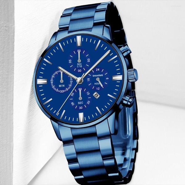 Avanadores de pulso homens Black Business Watch Blue Steel Strap Analog Quartz Wrist Relógio casual Men's Digital Relogio Masculino