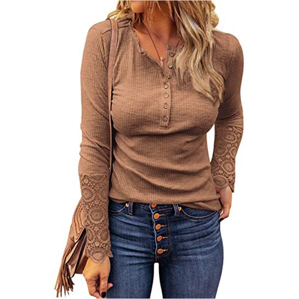 Feminino com nervuras HENLEY HENLEY MANEIRA LONGA TUNICA TUNTES V Camisas de botão de pescoço casuais blusas fit