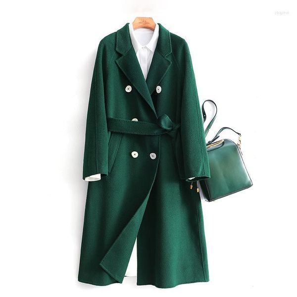 Lana da donna Miscele da donna Cappotto di lana verde 2022 Autunno e inverno Increspatura dell'acqua Cachemire a doppia faccia Sezione lunga femminile