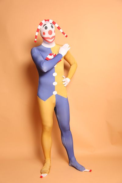 Halloween Cosplay Farbblock Clown lustig Catsuit Kostüm Lycar Spandex Ganzkörper Zentai Anzug Bühnenkostüme Club Party Overall