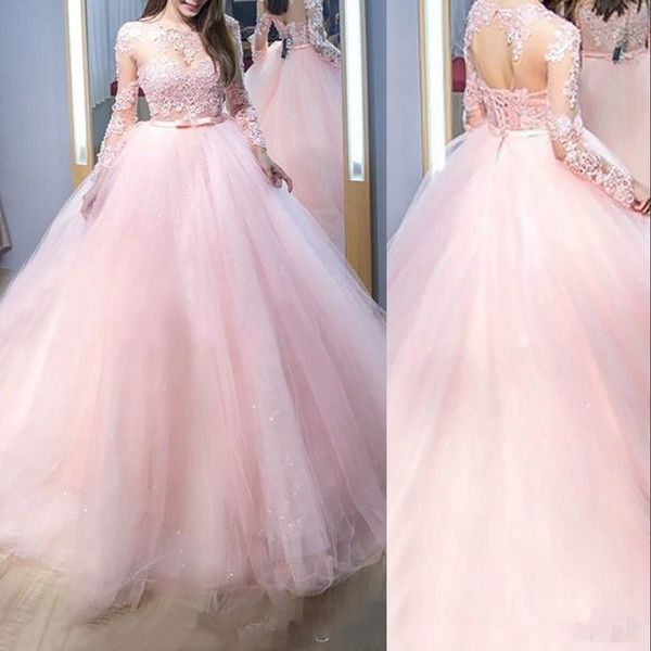 2022 Pink Quinceanera vestidos vestido de bola jóia pescoço ilusão de renda de renda de mangas compridas Corset traseiro Tulle Princess Dress Sweet 16 Vestido de 15 Anos Quinceanera