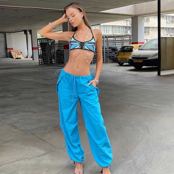 Damenhose Capris Blaue Fallschirmhose Jogginghose Y2K Cargo Oversize Frau Joggingstrecke Baggy Kleidung Boho Kleidung Sommer Low Rise Hose mit weitem Bein T220926