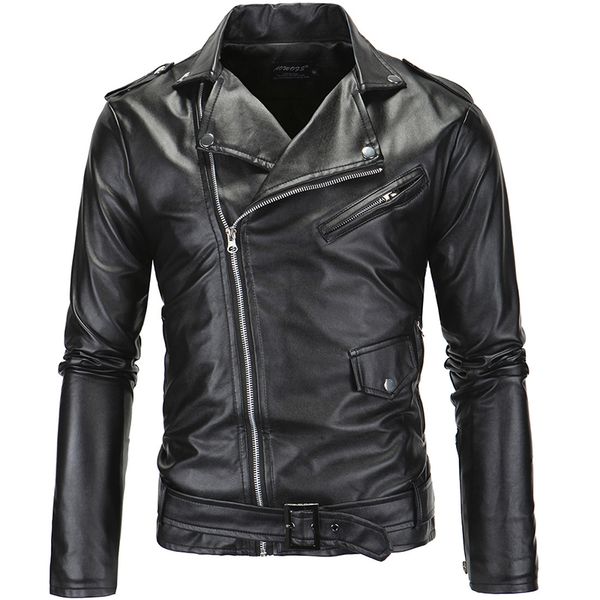 Männer Leder Faux Frühling Mode Motorrad Jacke Slim Fit Schrägen Reißverschluss PU Herbst Mäntel Schwarz Weiß 220927