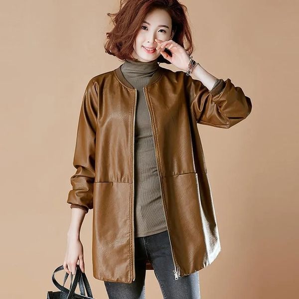 Jackets de couro falso de couro feminino S Jackets s 6xlfashio Mid Long Leather Autumn e Winter Korean Loose Baseball Uniforme Windbreaker Elegant 220928