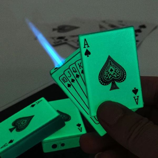 Creative Jet Torch Accendino da poker con fiamma verde Carta da gioco antivento in metallo Accendino romanzo Giocattolo divertente Accessori per fumatori Regalo IP