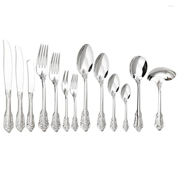 Set di stoviglie 1Pc Posate Argento Lusso Vintage Occidentale Cena Coltello Forchetta Cucchiaio Stoviglie in acciaio inossidabile Maniglia per incisione Posate