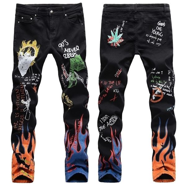 Мужские джинсы мужские буквы пламени напечатано с рисунком с узором стройной прямой модный граффити панк -рок -уличная одежда хип -хоп штаны 220927
