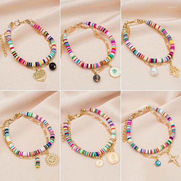 Pulseira boho colorido polímero argila bracelet moda moda multi-camada de moeda solo de palmeira de palmeira para amizade casal presentes