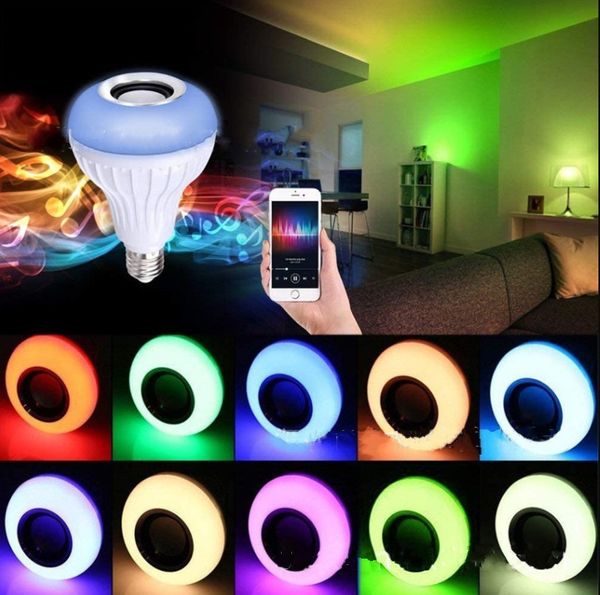 E27 12W LED RGB-Glühbirne, kabelloser Bluetooth-Lautsprecher, Musikwiedergabe, dimmbare Glühbirne, RGBW-Lampe mit Fernbedienung
